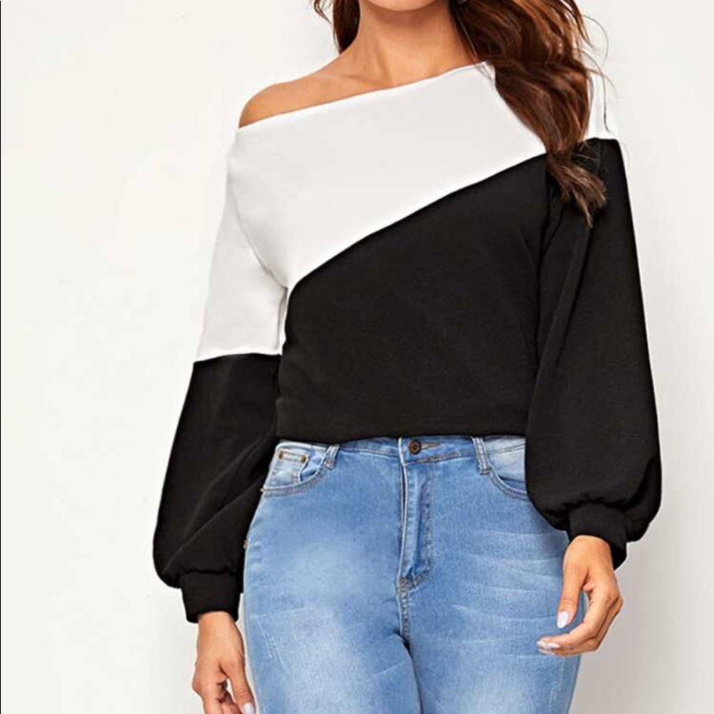Asymmetrical Neck Two Tone Tee